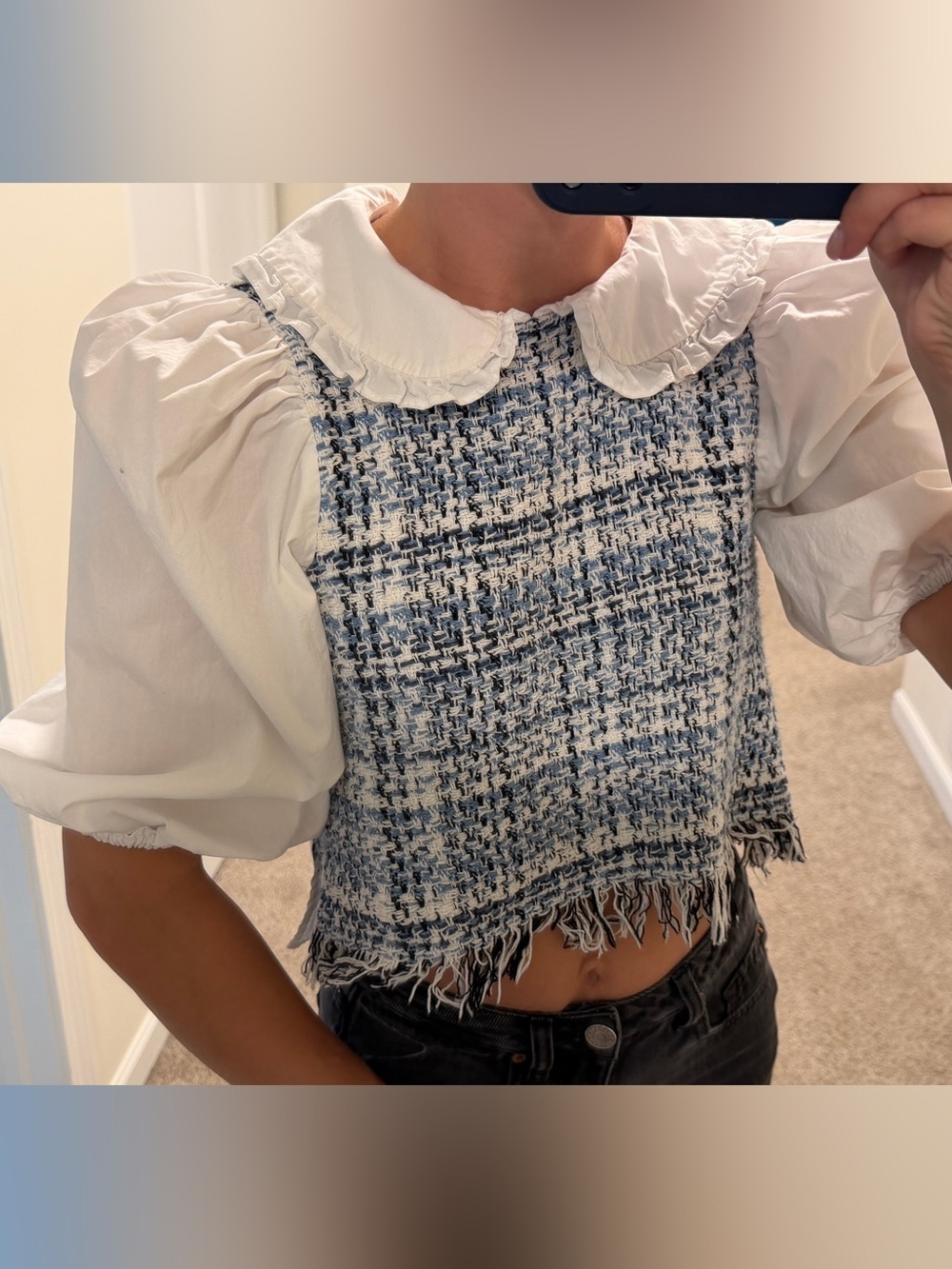 Zara Blue and White Tweed Fringed Crop Top with Puff Sleeves